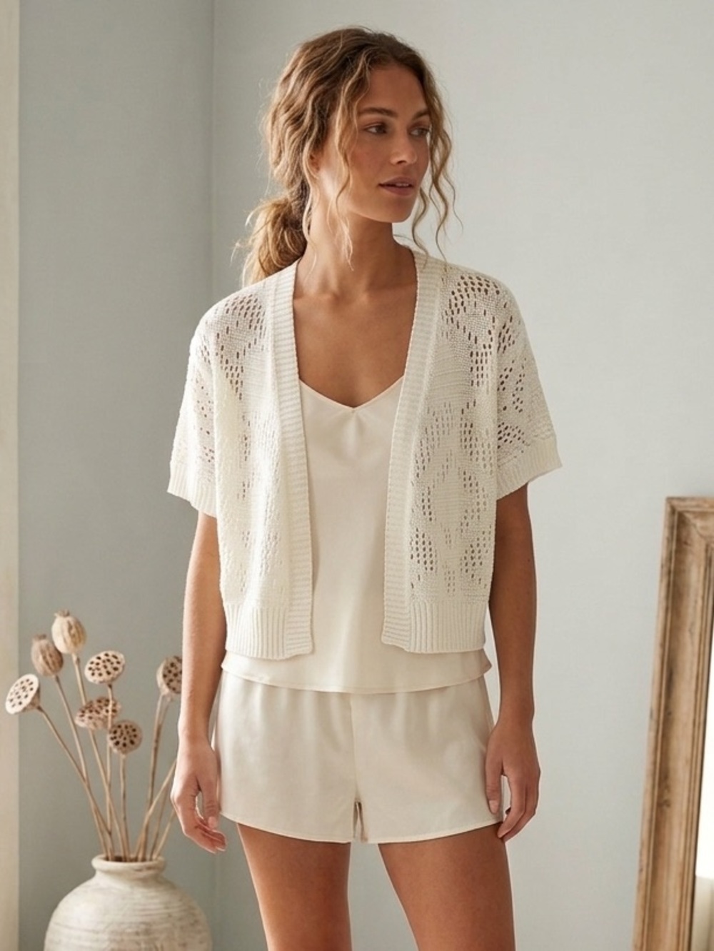 Guilty Open-Front Knit Cardigan - Cream crochet boho - Picture 3 of 15